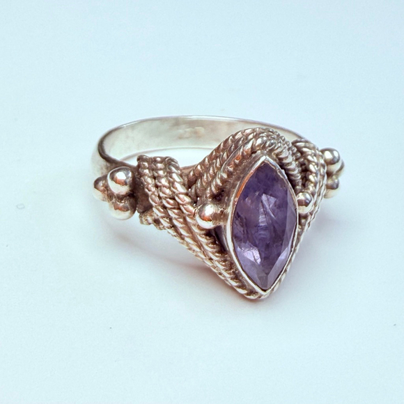 Amethyst .75 CT Solitaire Rope & Granule Sterling Silver 925 Vintage Boho Ring
